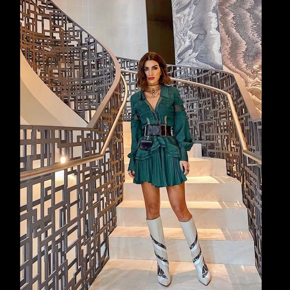 GREEN JACQUARD LACE TRIMMED MINI DRESS size US0 - Picture 4 of 8